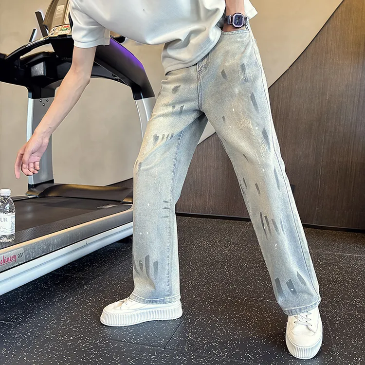 美式高街喷墨牛仔裤男春秋潮流百搭直筒微喇裤2025新款设计感男裤