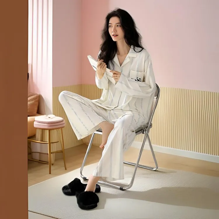 家乐芬睡衣女士春秋款秋季纯棉家居服条纹长袖可爱熊猫可外穿套装