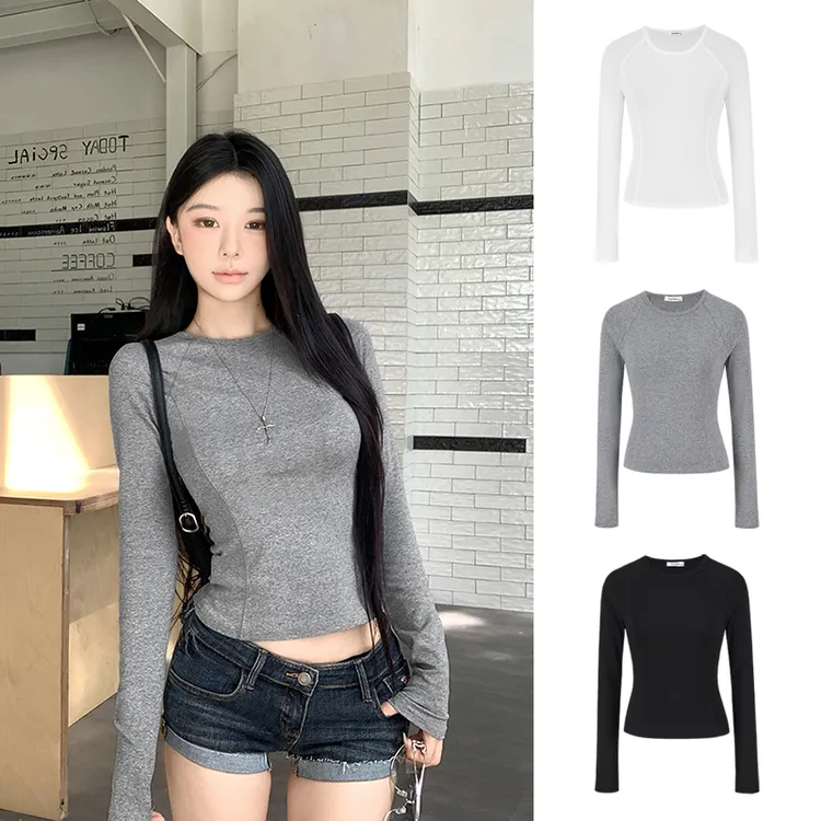 Moses Queen/魔西女王拼接设计圆领短款上衣修身显瘦辣妹长袖T恤