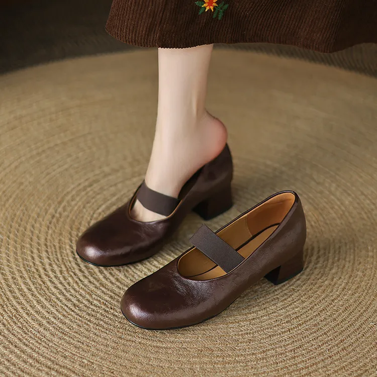 小牛皮时尚浅口玛丽珍单鞋女4cm圆头百搭皮新款粗跟舒适时尚女鞋