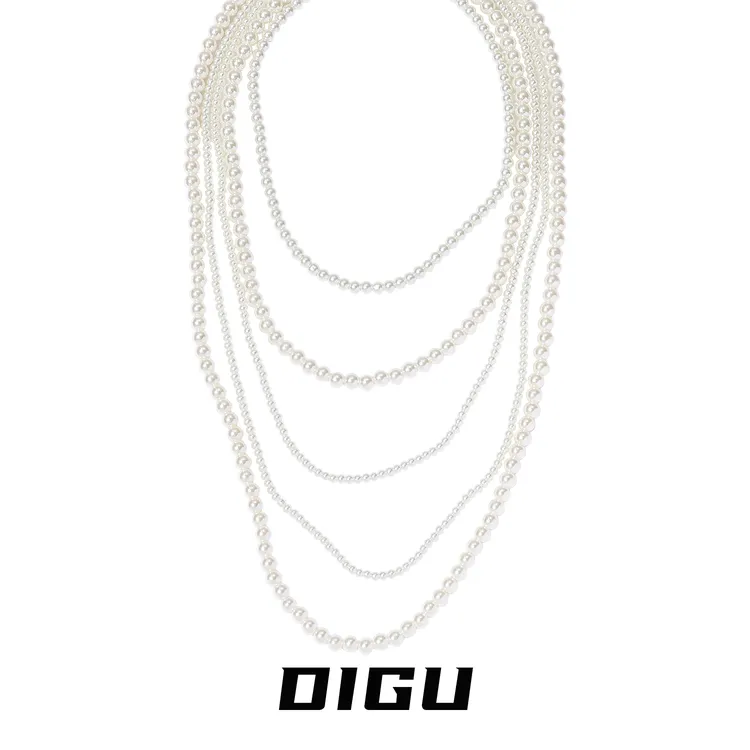 嘀咕家 铜合金仿珍珠项链 法式多层叠戴珍珠项链气质锁骨链毛衣链