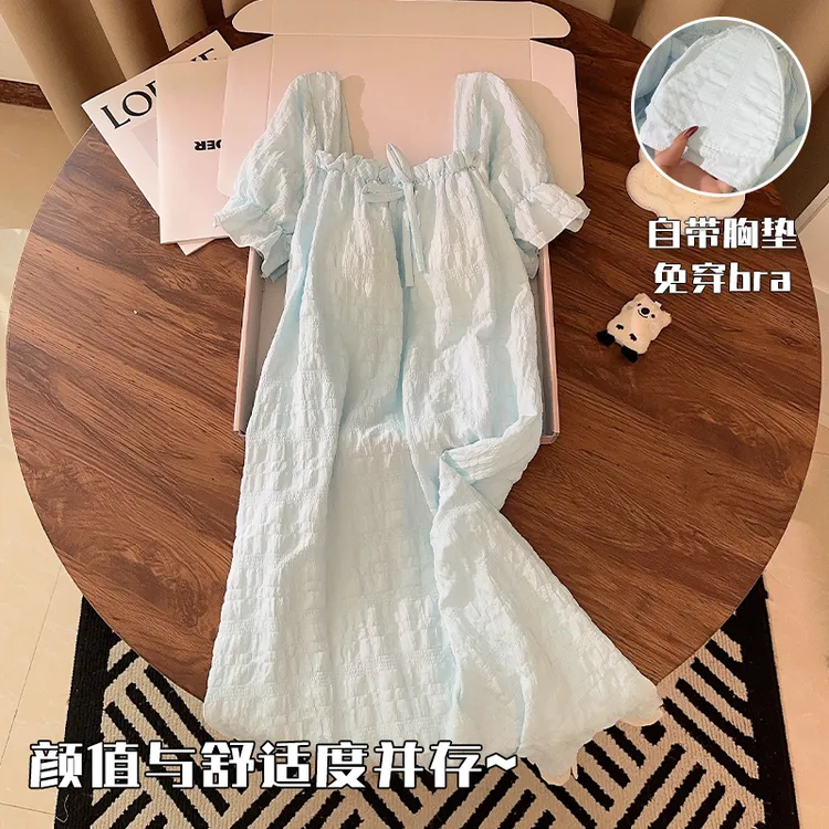 睡裙女带胸垫夏季短袖甜美蝴蝶结简约纯色薄款宽松夏天睡衣家居服