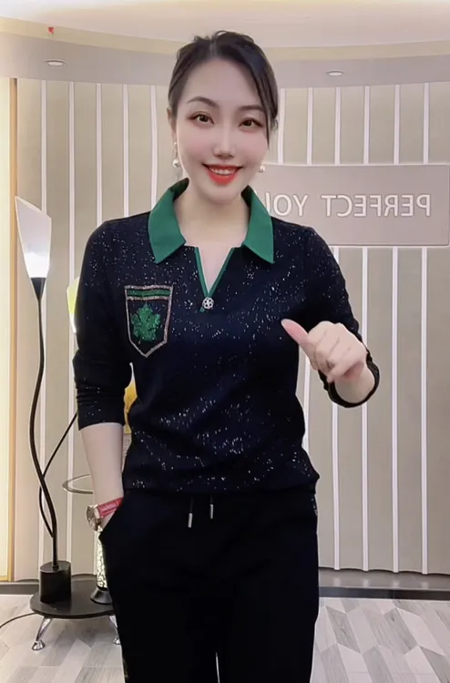 【星空绿领长袖】秋季新款百搭上衣时尚休闲宽松长袖翻领卫衣8932