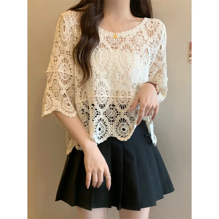 2025新款夏季设计感镂空蕾丝针织衫上衣大码胖mm遮肉显瘦防晒罩衫
