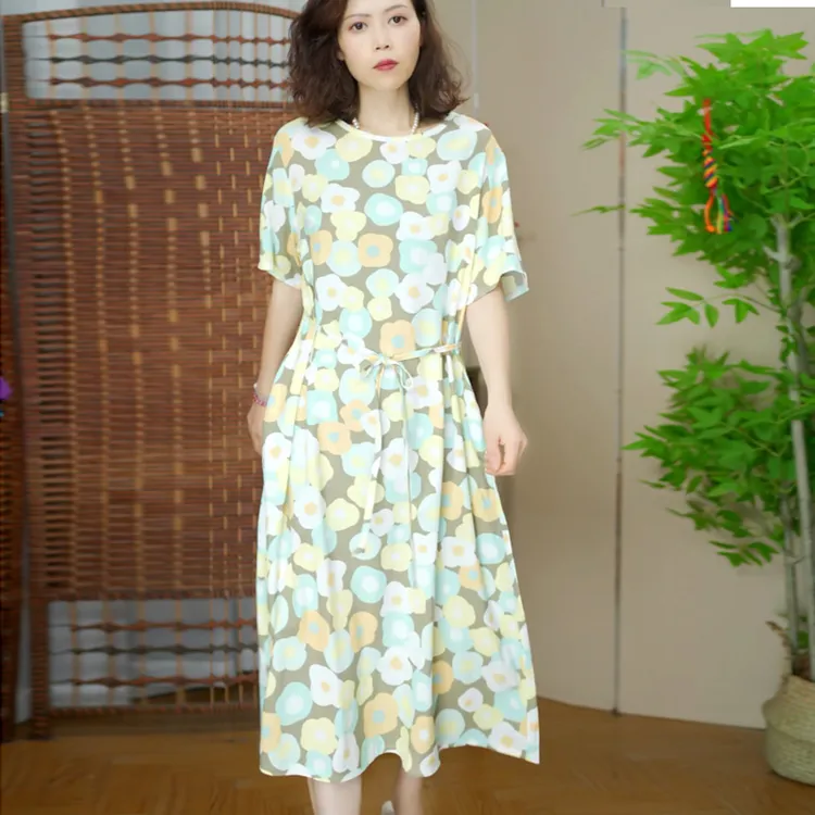 有口袋 有腰带女装夏季连衣裙棉绸裙子人造棉中长款大码碎花