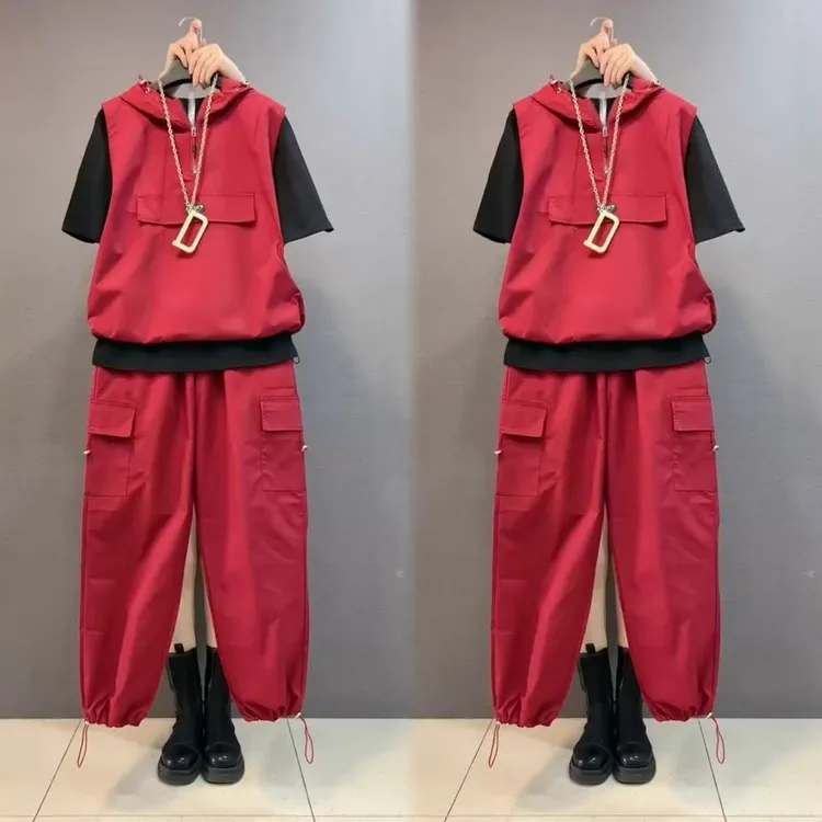 时尚重工连帽拉链拼接马甲＋短袖小衫＋七分裤夏季新款大码女装套装