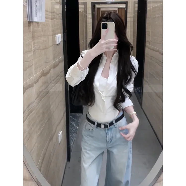 设计感白色假两件连体衬衣女早秋新款收腰显瘦百搭法式纯欲上衣女