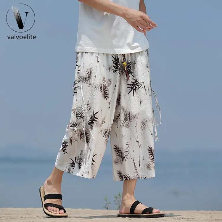 VALVOELITE水墨印花新中式七分裤子男夏季阔腿休闲冰丝裤潮牌中国