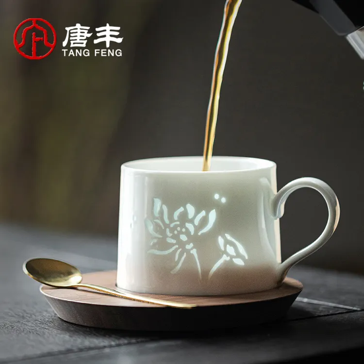 【唐丰】玲珑瓷咖啡杯早餐杯马克杯下午茶杯 蝴蝶款/荷花款礼盒礼袋