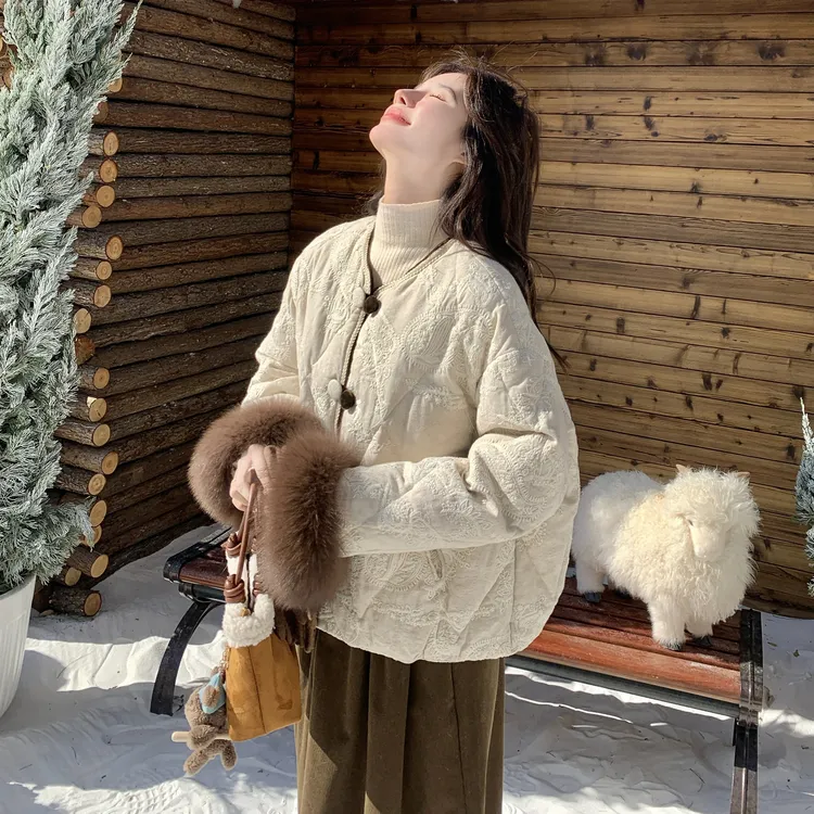 新中式国风提花刺绣毛毛袖口羽绒服女冬2025新款优雅漂亮短款外套