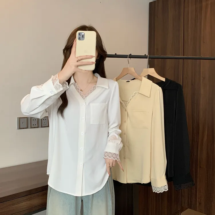 2025秋季新款胖mm大码女温柔风V领蕾丝拼接衬衫通勤百搭上衣63961