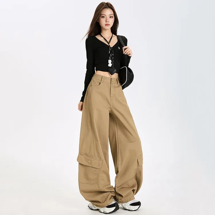 美式休闲百搭弯刀裤女秋季新款休闲宽松显瘦多口袋阔腿工装裤