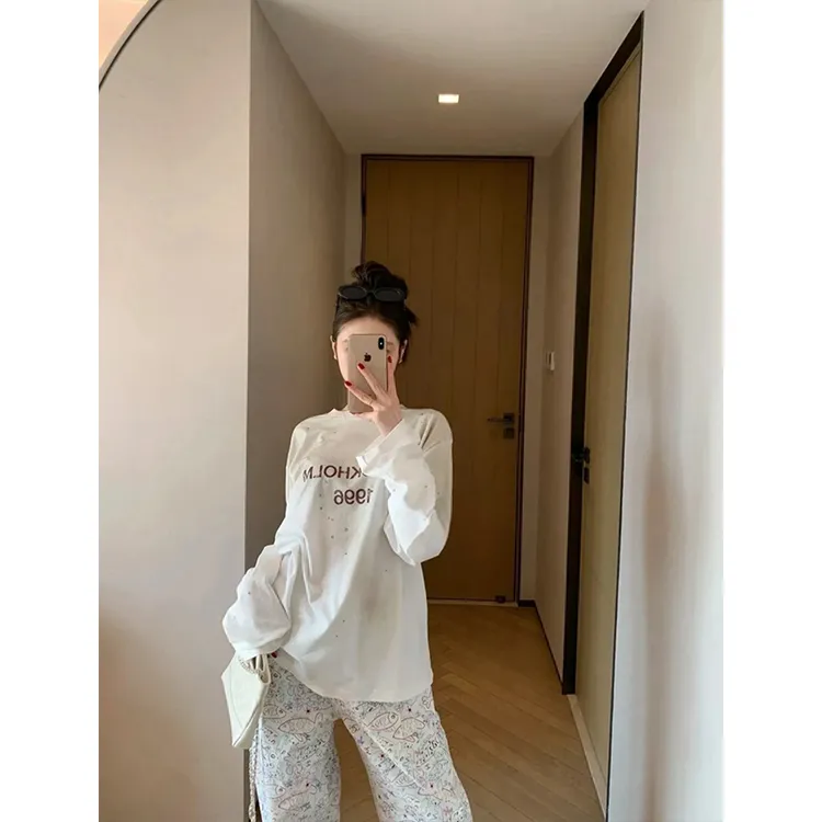 南油高版本重工烫钻石复古做旧长袖防晒衣T恤女休闲内搭上衣弛感