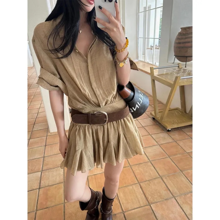 两件套夏季新款女装衬衫连衣裙假两件拼接短袖衬衫百褶短裙+腰带