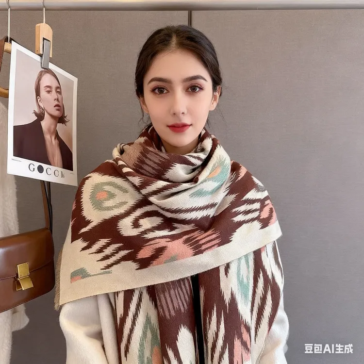 艾德莱斯围巾仿羊绒休闲简约双面保暖千织女士民族风185cm-65cm