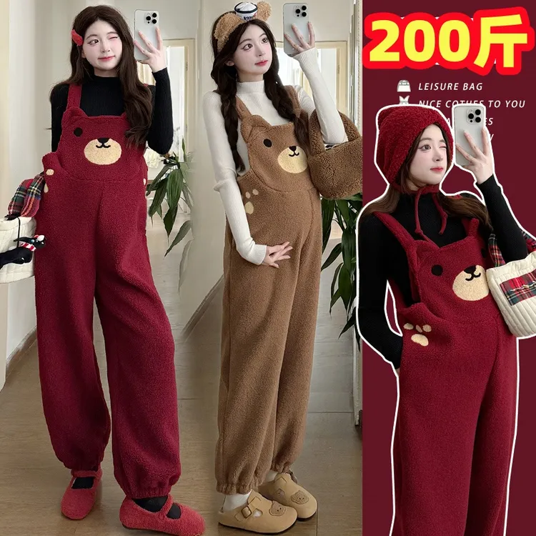 大码孕妇加厚小熊背带裤秋冬装吊带连体裤遮肚显瘦托腹长裤200斤