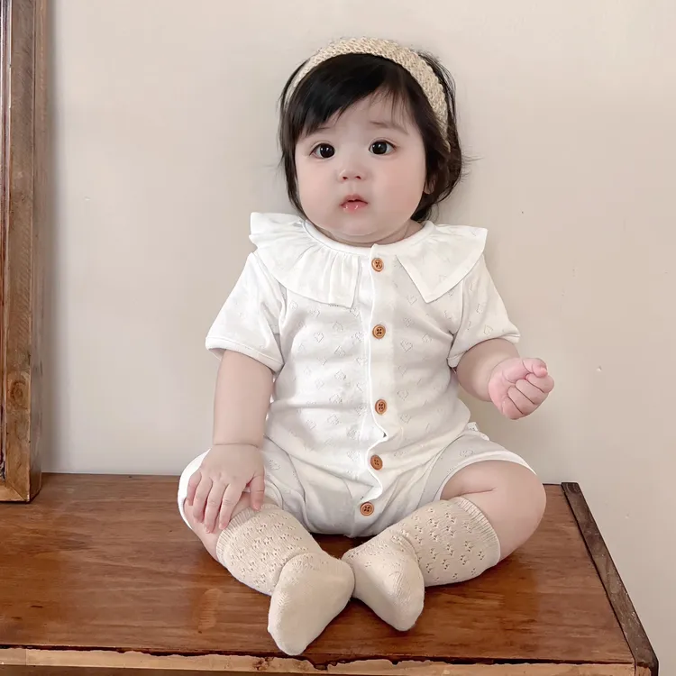 婴儿衣服夏薄款连体衣儿童韩系镂空短袖爬服小月龄宝宝夏季外出服