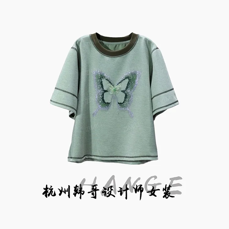 【韩哥女装】2025欧版小众设计灰绿色立体蝴蝶烫钻休闲重工短袖8333