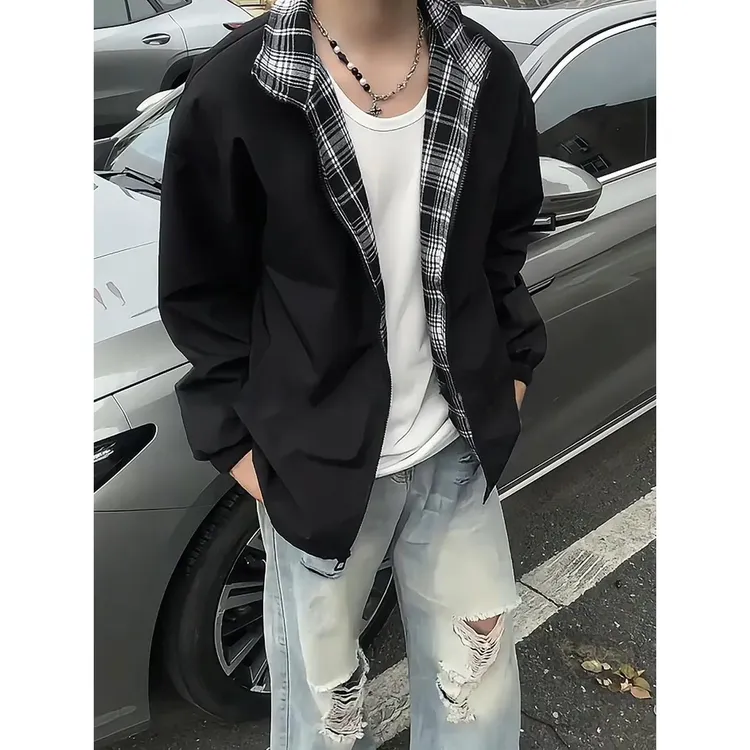 黑色拼接格子外套男春秋款高级感立领工装夹克美式短款情侣棒球服