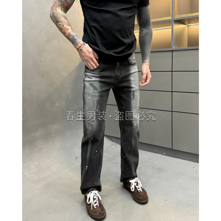 2025秋冬新款厚款手绘渐变合身小直筒男士黑灰色黑色牛仔裤1937
