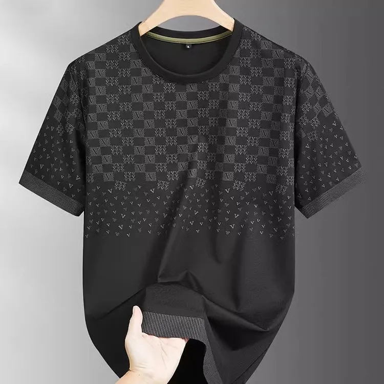 高级感大码冰丝t恤夏季宽松透气薄款圆领弹力凉感半袖男款上衣