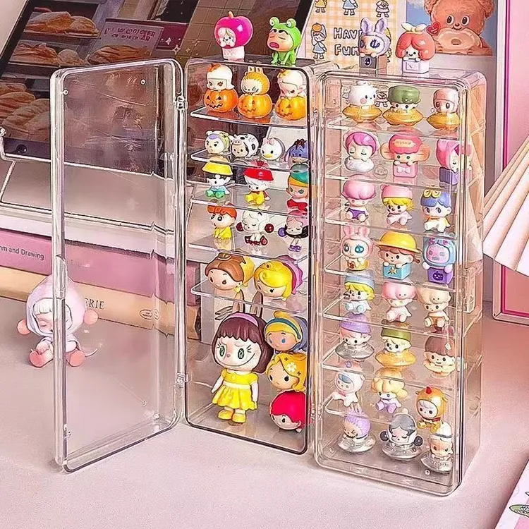 透明萌粒收纳盒桌面多层防尘手办盲盒展示架泡泡玛特小摆件整理盒