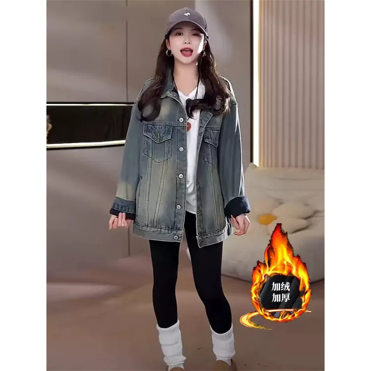 男女同款情侣加绒加厚牛仔外套女冬季美式复古慵懒风工装夹克上衣