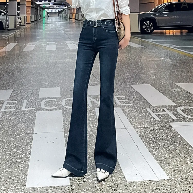 蓝灰色低腰喇叭裤女2025新款高腰黑色牛仔裤修身高个子显瘦春秋冬