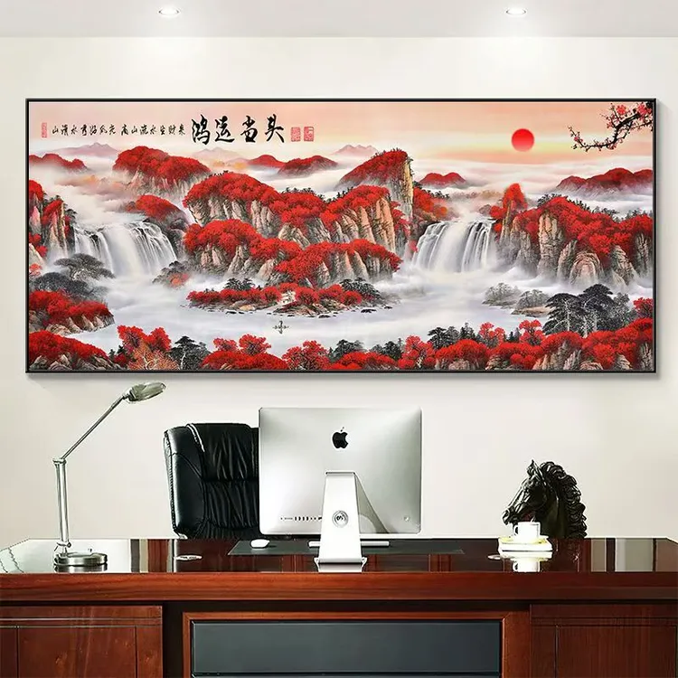 新款鸿运当头办公室字画装饰画茶桌2025山水画客厅网红家居装饰品