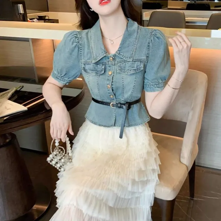 今年流行漂亮套装裙女夏季2025新款牛仔上衣半身长裙蛋糕裙一整套
