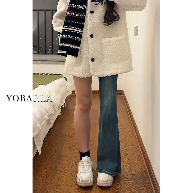 复古高腰微喇牛仔裤女冬季加绒胖mm弹力大码梨形身材显瘦马蹄裤