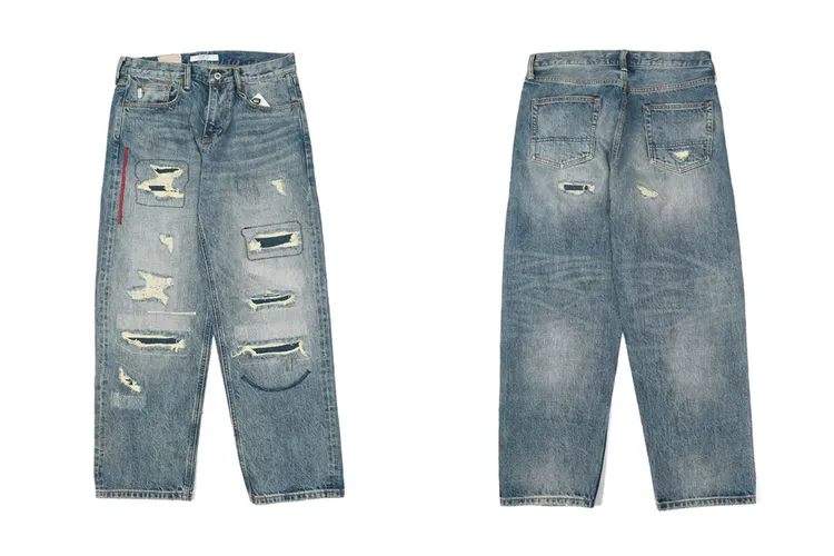 FDMTD红线牛王补丁针缝赤耳丹宁水洗宽松阔腿微锥直筒牛仔裤