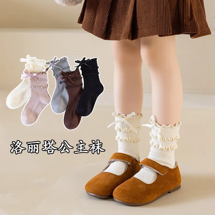 女童袜子春秋季儿童洛丽塔花边公主袜韩版女孩蝴蝶结洋气中筒袜潮