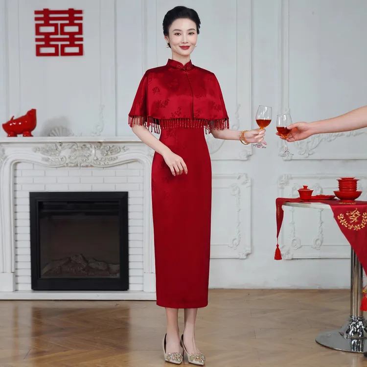 2025秋款进口三醋酸提花斗篷中式套装喜婆婆妈妈婚宴旗袍礼服N