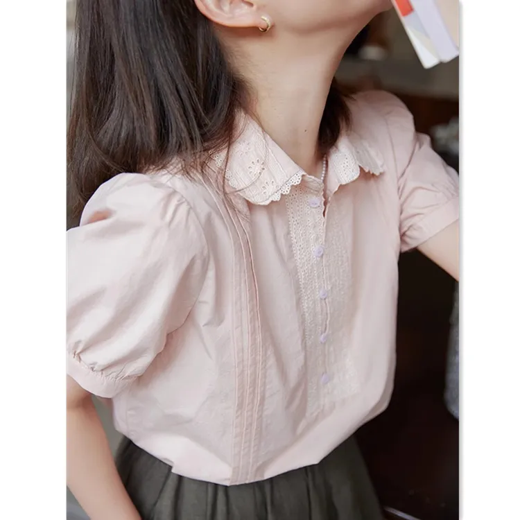 蕾丝花边领拼接泡泡袖短袖衬衫女夏装新款设计感小众百搭宽松上衣