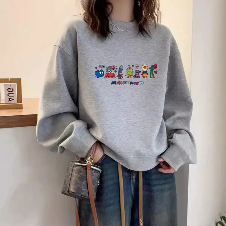 美式复古胖mm宽松圆领无帽加绒加厚卫衣女装设计感小众显瘦上衣服