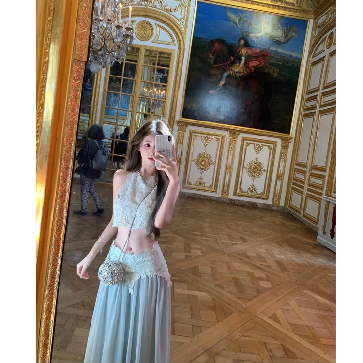 parkyeon夏季新款设计感无袖吊带背心上衣气质高腰显瘦半身裙套装