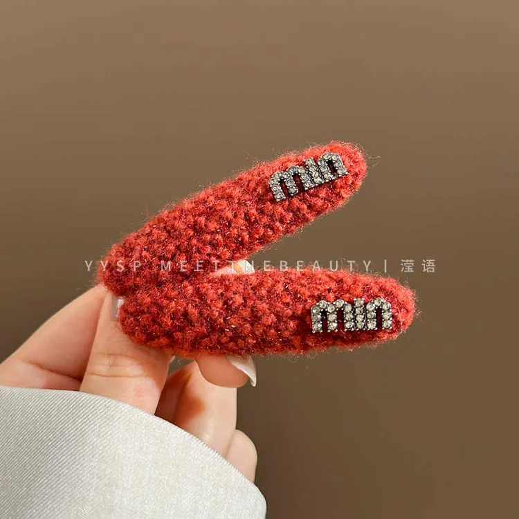 秋冬高级感红色粗花呢发夹女边夹侧边2025新款轻奢水钻碎发鸭嘴夹