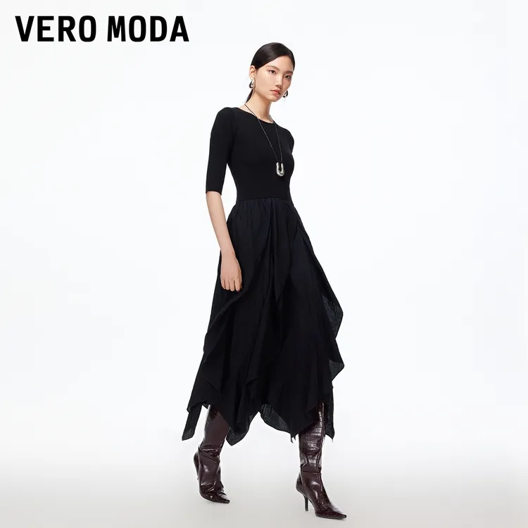 Vero Moda连衣裙2025秋季新款层叠裙摆拼接收腰中长裙洋气高级感