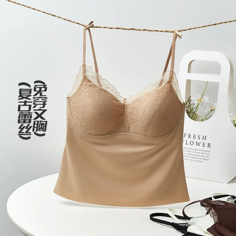 秋季新款法式V领蕾丝美背高品质固定杯无痕内搭文胸一体吊带背心