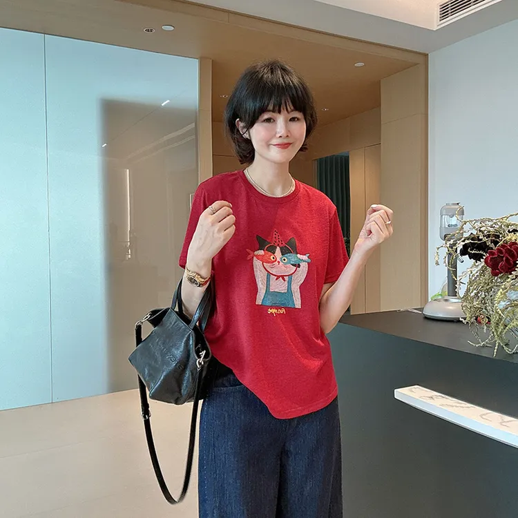 韩系圆领短款T恤女2025夏季短袖趣味印花宽松打底超好看半袖上衣