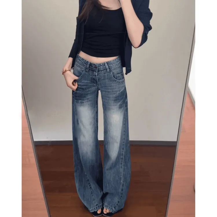 美式低腰牛仔裤女2025年秋季新款水洗蓝色复古宽松直筒拖地阔腿裤