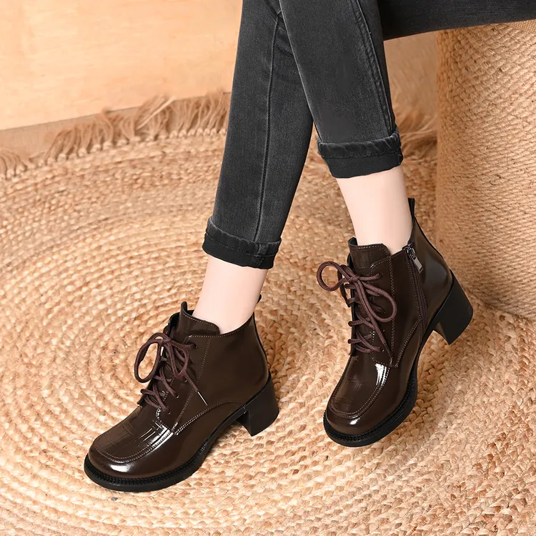 圆头粗跟侧拉链短靴女秋冬新款漆皮加绒百搭时装靴裸靴系带马丁靴
