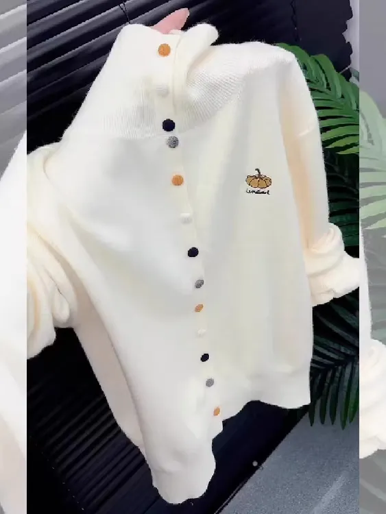 米色圆领显白南瓜针织开衫女2025秋冬新款宽松百搭显瘦打底衫毛衣