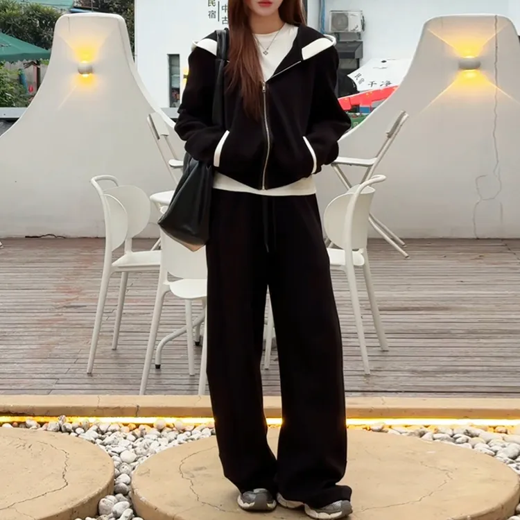 巨好看时尚运动套装加绒新款撞色连帽卫衣外套阔腿裤两件套