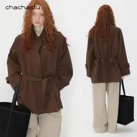 CHACHASTU【衣橱】可可生巧 重磅斗篷廓形绑腰立领天丝棉风衣K38
