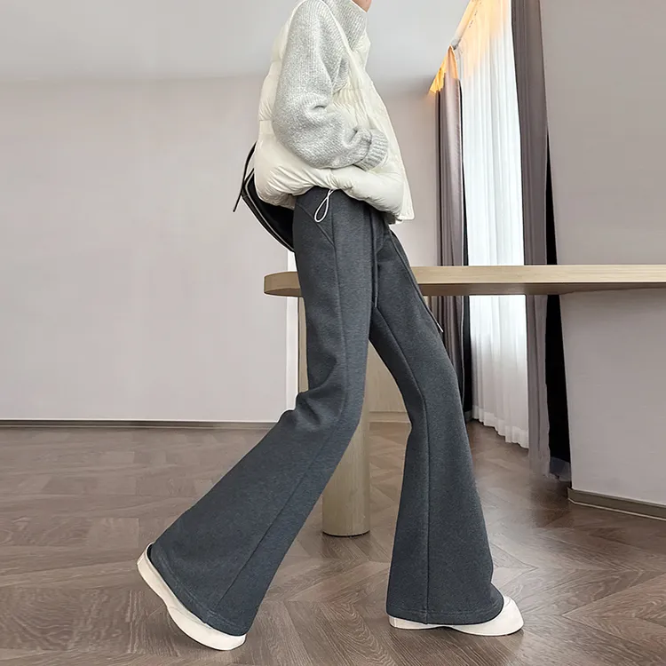 灰色加绒微喇叭裤女秋冬加厚高腰垂感加长版高个子不贴腿窄版直筒