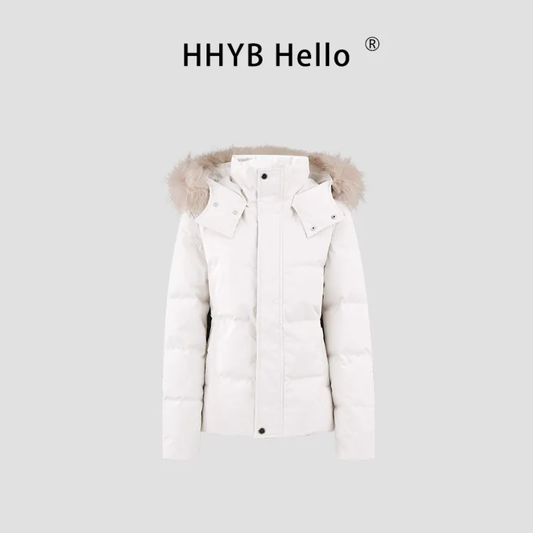 HHYB Hello纯色基础收腰版羽绒服白色修身可拆卸毛领外套Q252087
