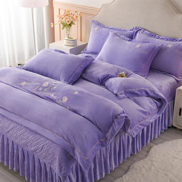 A类公主风刺绣牛奶绒床盖四件套防静电双面结婚婚庆床单被套