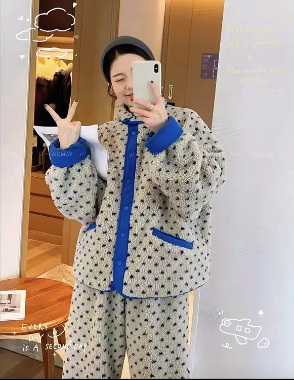 秋冬加厚北羔绒睡衣小爱心撞色高级感气质居家保暖长袖套装3079